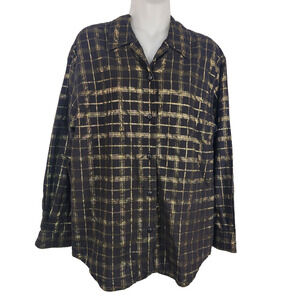 Liz Wear Womens Shirt Metallic Black Gold Plaid Long Sleeve Button Up Medium Y2K